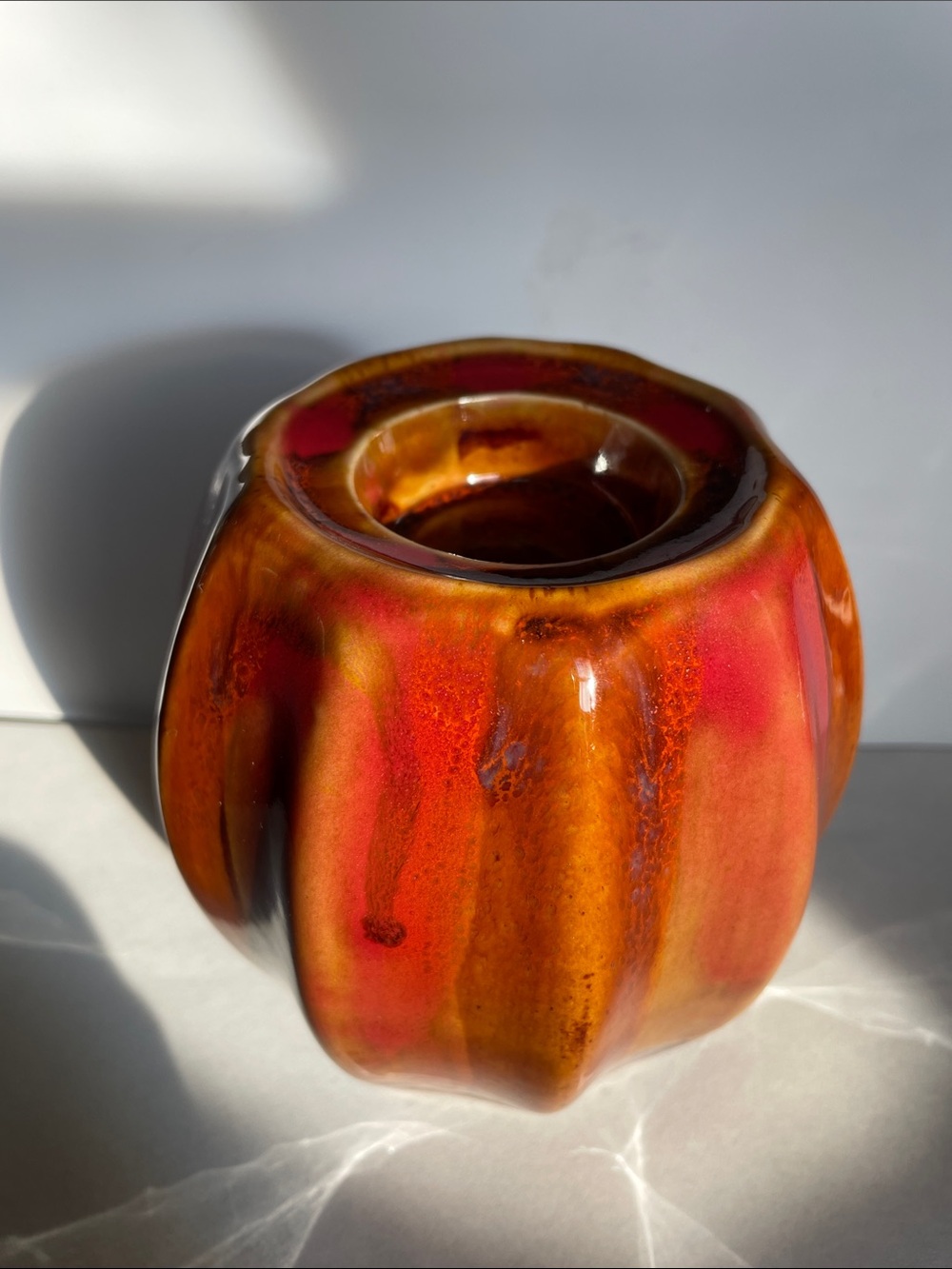 Glazed Orange/Red & Brown Ceramic Art Pottery-Tealight Votive Candle Holder